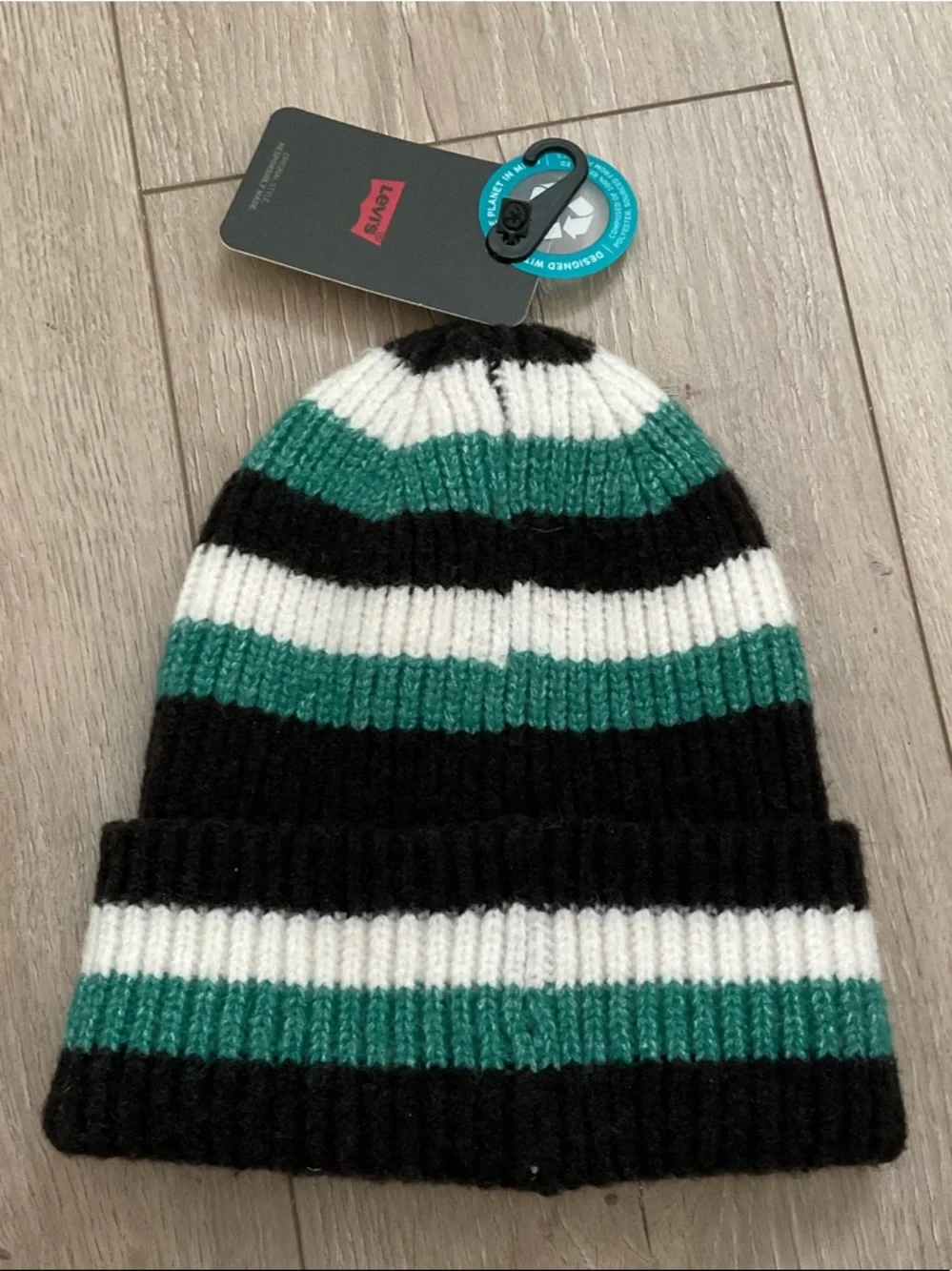 Levi's Striped Ribbed Beanie in Black, White & Teal